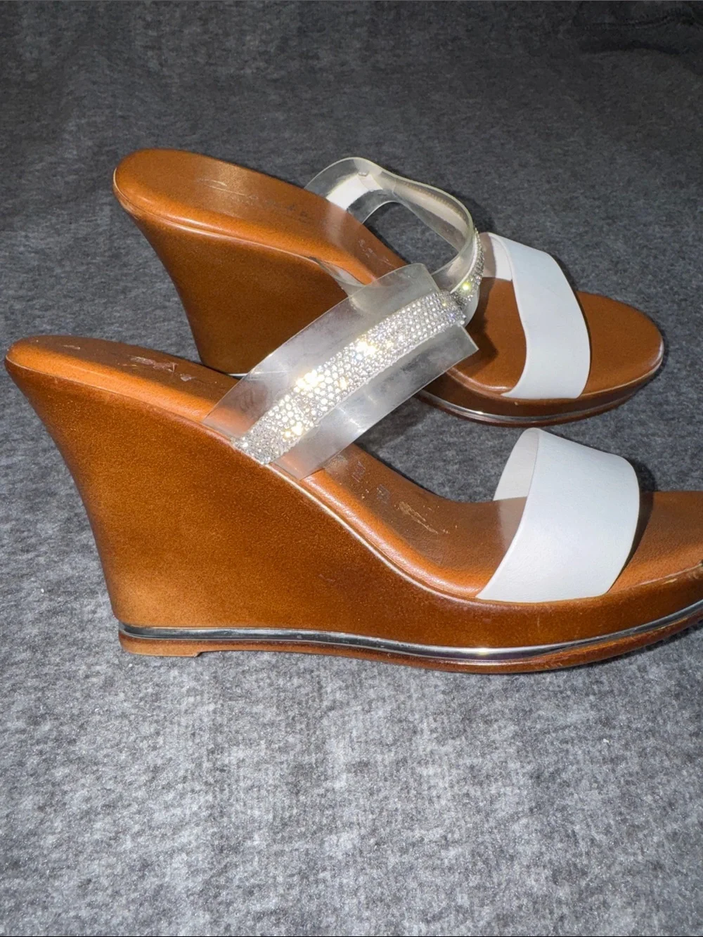 Women's White & Clear Slide Sandals with Sparkle Strap